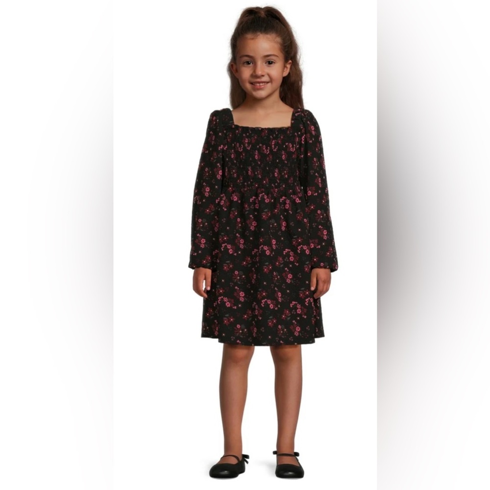 Black Floral Smocked Long Sleeve Mini Dress - Pink Accents